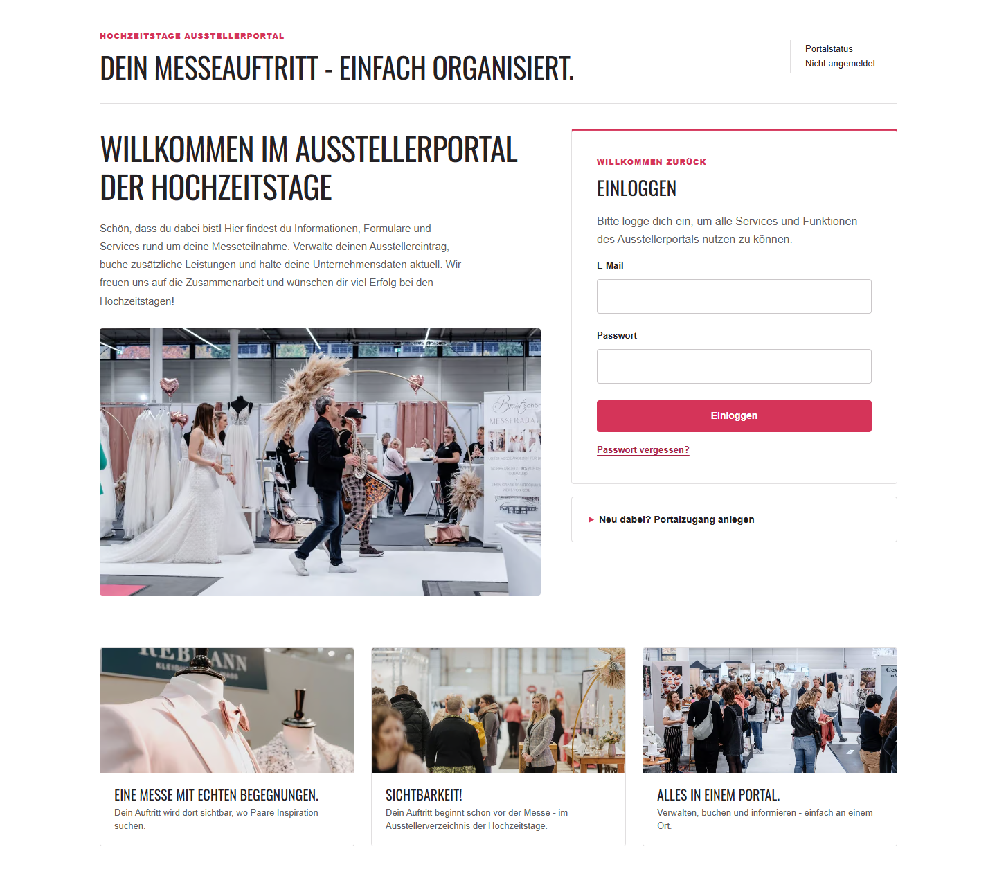 Neue Desktop-Loginansicht des Hochzeitstage-Ausstellerportals